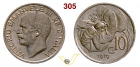 VITTORIO EMANUELE III (1900-1946) 10 Centesimi 1919 Roma “ape”. Pag. 864 MIR 1158a Cu g 5,47 Rara SPL