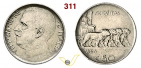 VITTORIO EMANUELE III (1900-1946) 50 Centesimi 1924 Roma “quadriga di leoni”, taglio rigato. Pag. 805 MIR 1150h Ni g 5,99 Molto rara BB