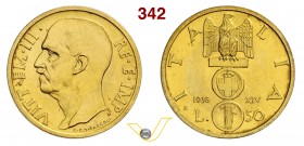 VITTORIO EMANUELE III (1900-1946) 50 Lire 1936 XIV Roma. Pag. 661 MIR 1124a Au g 4,39 Molto rara • Solo 790 es. coniati; hairlines, altrimenti FDC