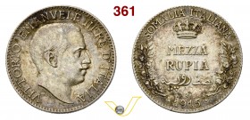 VITTORIO EMANUELE III - monetazione per la Somalia (1900-1946) Mezza Rupia 1915 Roma. Pag. 969 MIR 1176d Ag g 5,80 Rara BB+