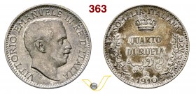 VITTORIO EMANUELE III - monetazione per la Somalia (1900-1946) Quarto di Rupia 1910 Roma. Pag. 971 MIR 1177a Ag g 2,92 Rara BB÷SPL