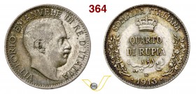 VITTORIO EMANUELE III - monetazione per la Somalia (1900-1946) Quarto di Rupia 1913 Roma. Pag. 972 MIR 1177b Ag g 2,91 Molto rara BB+