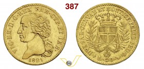 SAVOIA - VITTORIO EMANUELE I (1802-1821) 20 Lire 1821. Varesi 8 Au Rarissima • Lievissimo colpetto BB+