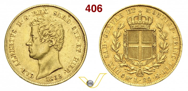 SAVOIA - CARLO ALBERTO (1831-1849) 20 Lire 1832 Torino "Fert". Varesi 35 Au Rara...