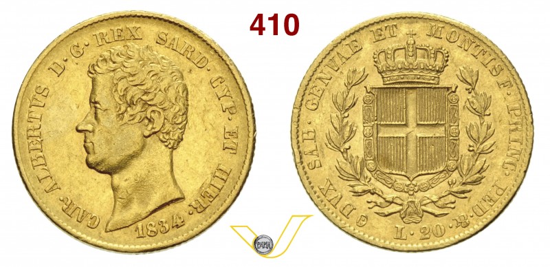 SAVOIA - CARLO ALBERTO (1831-1849) 20 Lire 1834 s.s.z. Varesi 40 Au Molto rara B...