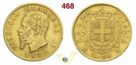 SAVOIA - VITTORIO EMANUELE II, Re d'Italia (1861-1878) 20 Lire 1872 Milano. Varesi 110 Au Molto rara BB
