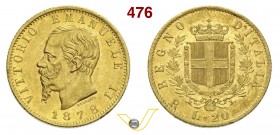 SAVOIA - VITTORIO EMANUELE II, Re d'Italia (1861-1878) 20 Lire 1878 Roma. Varesi 118 Au SPL