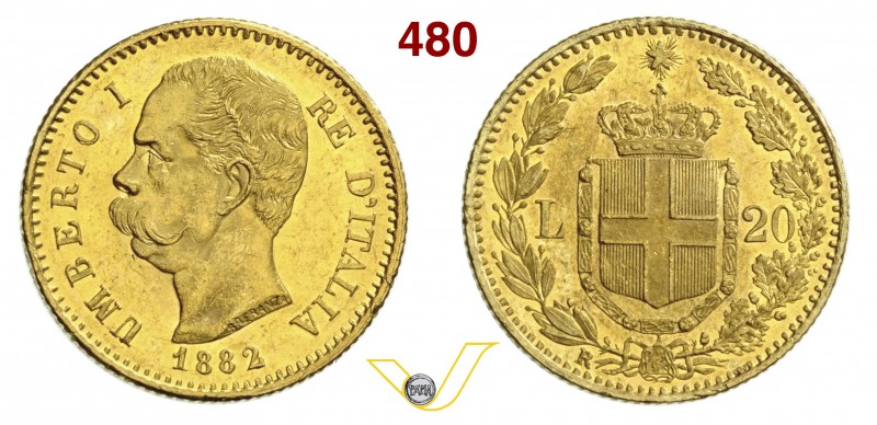 SAVOIA - UMBERTO I (1878-1900) 20 Lire 1882 Roma "oro rosso". Varesi tipo 122 Au...