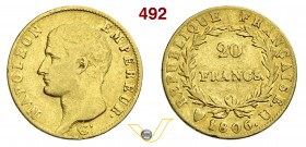 NAPOLEONICHE - NAPOLEONE I (1804-1814) 20 Franchi 1806 Torino. Varesi 145 Au Rara MB