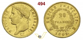 NAPOLEONICHE - NAPOLEONE I (1804-1814) 20 Franchi 1809 Torino. Varesi 148 Au Rarissima q.BB