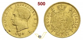 NAPOLEONICHE - NAPOLEONE I (1804-1814) 20 Lire 1808 Milano. Varesi 156 Au MB÷BB