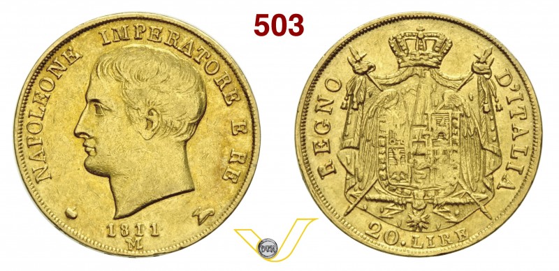 NAPOLEONICHE - NAPOLEONE I (1804-1814) 20 Lire 1811 Milano. Varesi 159 Au BB