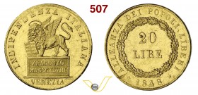 VENEZIA - GOVERNO PROVVISORIO DI VENEZIA (1848-1849) 20 Lire 1848 Venezia. Varesi 168 Au Molto rara • Fondi lucenti SPL