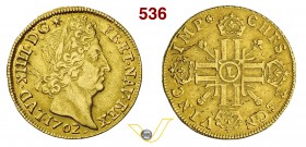 FRANCIA - LUIGI XIV (1643-1715) Doppio Luigi d'oro 1702 L, Bayonne. Fb. 435 Gadoury 261 Au g 13,41 Molto rara BB+