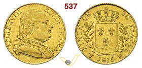 FRANCIA - LUIGI XVIII (1814-1824) 20 Franchi 1815 R, Londra. Varesi 339 Au g 6,41 Rara • Moneta coniata durante l'esilio SPL