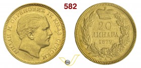 SERBIA - MILAN OBRENOVICH IV (1868-1889) 20 Dinari 1879 A, Parigi. Varesi 558 Au Rara • Sigillata SPL, segnetti al bordo da InAsta