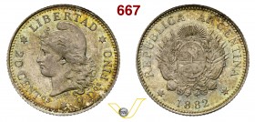 ARGENTINA - REPUBBLICA 20 Centavos 1882. Ag • Bellissima patina; Ex PCGS MS65 FDC