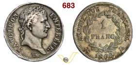 FRANCIA - NAPOLEONE I, Imperatore (1804-1815) 1 Franco 1808 D, Lione. Ag BB÷SPL