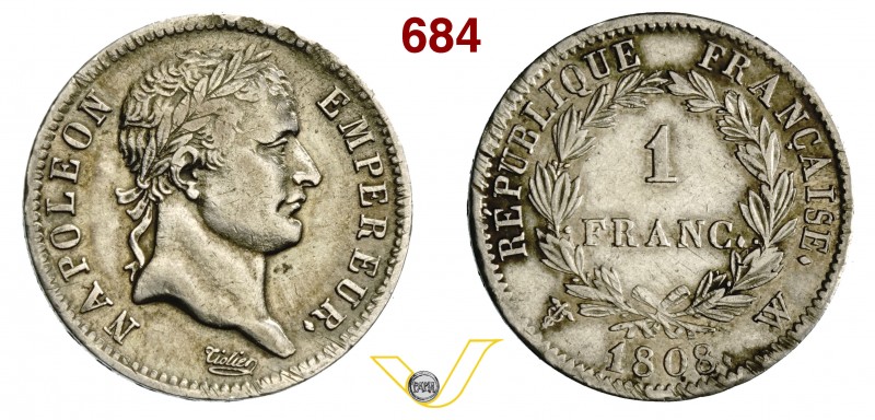 FRANCIA - NAPOLEONE I, Imperatore (1804-1815) 1 Franco 1808 W, Lille. Ag BB/q.SP...