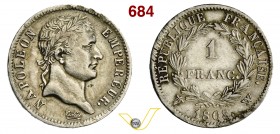 FRANCIA - NAPOLEONE I, Imperatore (1804-1815) 1 Franco 1808 W, Lille. Ag BB/q.SPL