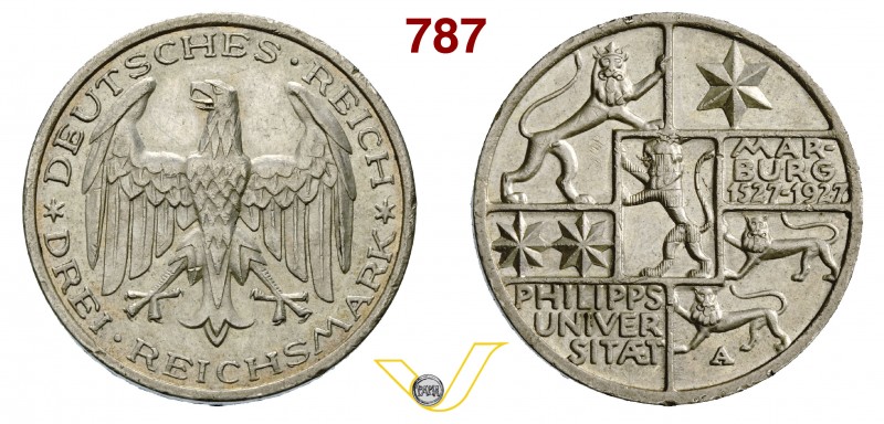 GERMANIA - REPUBBLICA DI WEIMAR (1918-1933) 3 Marchi 1927 A "Marburg" Kr. 53 Ag ...