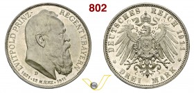 GERMANIA - Baviera - LEOPOLDO, Principe Reggente (1886-1912) 3 Marchi 1911. Kr. 517 Ag FDC/proof