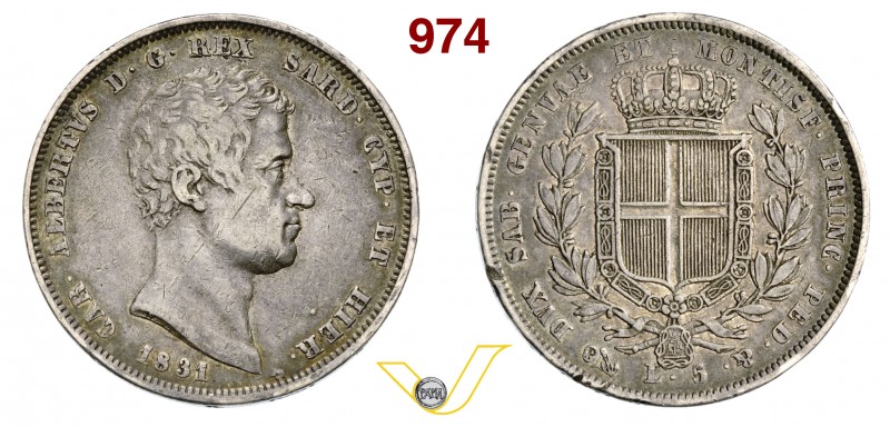 ITALIA - Savoia - CARLO ALBERTO (1831-1849) 5 Lire 1831 Genova “croce sottile”. ...