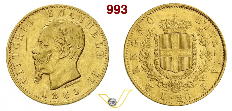 ITALIA - Savoia - VITTORIO EMANUELE II (1861-1878) 20 Lire 1865 Torino. MIR 1078...