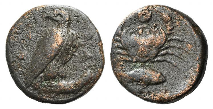 Sicily, Akragas, c. 409-406 BC. Æ Onkia (15mm, 3.25g, 9h). Eagle standing r. on ...