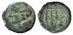 Sicily, Alaisa, 2nd century BC. Æ (14mm, 2.24g, 12h). Laureate head of Apollo l.; wheel behind. R/ Kithara; globe to r. CNS I, 8; HGC 2, 197. Green pa...