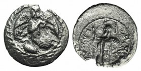 Sicily, Kamarina, c. 461-440/35 BC. AR Litra (11mm, 0.47g, 5h). Nike flying l.; below, swan standing l.; all within wreath. R/ Athena standing l., hol...