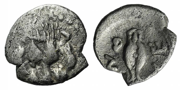 Sicily, Leontini, c. 476-466 BC. AR Litra (8mm, 0.44g, 12h). Facing lion’s scalp...