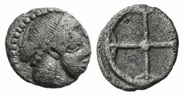 Sicily, Syracuse. Hieron I (478-466 BC). AR Obol (7.5mm, 0.52g), c. 475-470. Diademed head of Arethusa r. R/ Wheel of four spokes. SNG ANS 116; HGC 2,...