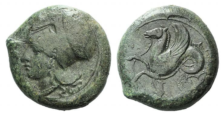 Sicily, Syracuse, 400-390 BC. Æ (19mm, 8.13g, 9h). Head of Athena l., wearing Co...