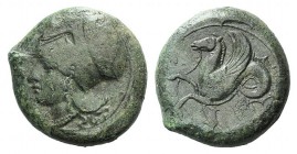 Sicily, Syracuse, 400-390 BC. Æ (19mm, 8.13g, 9h). Head of Athena l., wearing Corinthian helmet. R/ Hippocamp l. CNS II, 45; SNG ANS 434-46; HGC 2, 14...