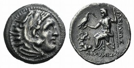 Kings of Thrace, Lysimachos (305-281 BC). AR Drachm (18mm, 4.16g, 6h). Lampsakos. Head of Herakles r., wearing lion skin. R/ Zeus Aëtophoros seated l....