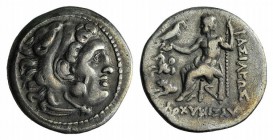 Kings of Thrace, Lysimachos (305-281 BC). AR Drachm (18mm, 4.11g, 3h). Lampsakos. Head of Herakles r., wearing lion skin. R/ Zeus Aëtophoros seated l....