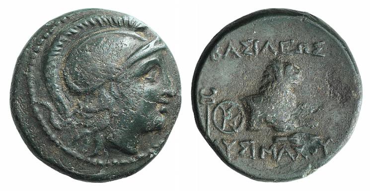 Kings of Thrace, Lysimachos (305-281 BC). Æ (13mm, 2.26g, 12h). Helmeted head of...