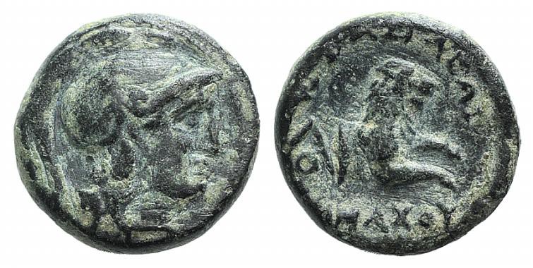 Kings of Thrace, Lysimachos (305-281 BC). Æ (12mm, 2.76g, 12h). Helmeted head of...