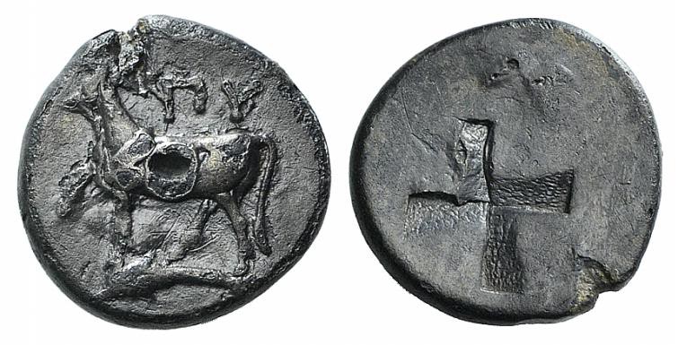 Thrace, Byzantion, c. 387/6-340 BC. AR Drachm (15mm, 4.05g). Bull standing l. on...