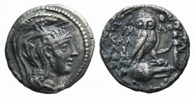 Attica, Athens. AR Drachm (18mm, 3.93g, 12h). New Style Coinage. Eumelos, Kalliphon and Alexander, magistrates, 108/7 BC. Helmeted head of Athens r. R...