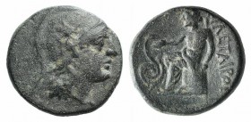 Kings of Pergamon, Philetairos (282-263). Æ (15mm, 4.01g, 12h). Helmeted head of Athena r. R/ Asklepios seated l. on stool, feeding serpent coiled to ...