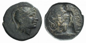 Kings of Pergamon, Philetairos (282-263). Æ (16mm, 4.13g, 12h). Helmeted head of Athena r. R/ Asklepios seated l. on stool, feeding serpent coiled to ...