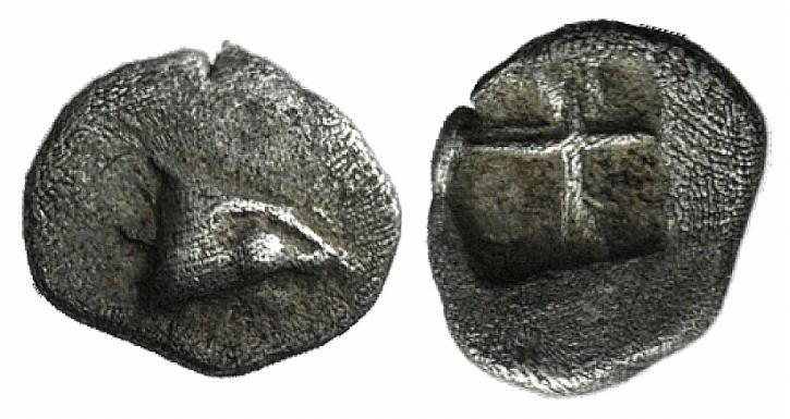 Mysia, Kyzikos, c. 600-550 BC AR Tetartemorion (4mm, 0.12g). Tunny head r. R/ Qu...