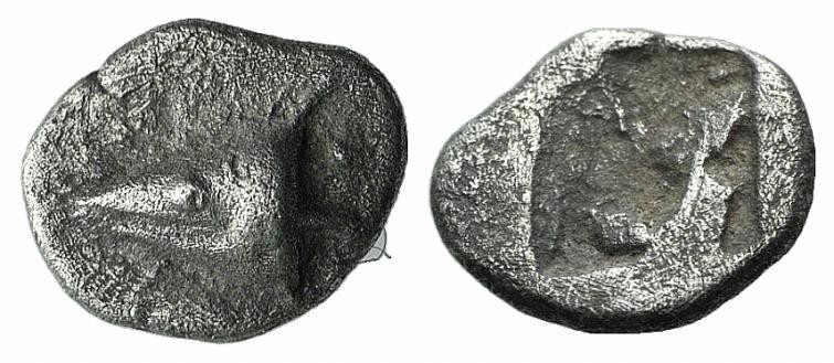Mysia, Kyzikos, c. 500 BC. AR Hemiobol (8mm, 0.56g). Head of tunny r. R/ Quadrip...