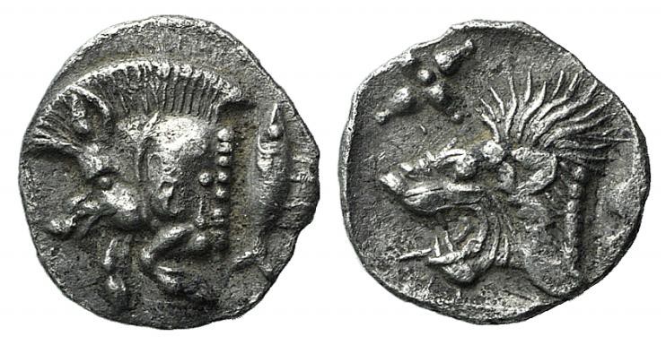 Mysia, Kyzikos, c. 450-400 BC. AR Hemiobol (8mm, 0.42g, 9h). Forepart of boar l....