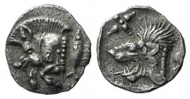 Mysia, Kyzikos, c. 450-400 BC. AR Hemiobol (8mm, 0.42g, 9h). Forepart of boar l.; tunny to r. R/ Head of lion l.; star to l.; all within incuse square...