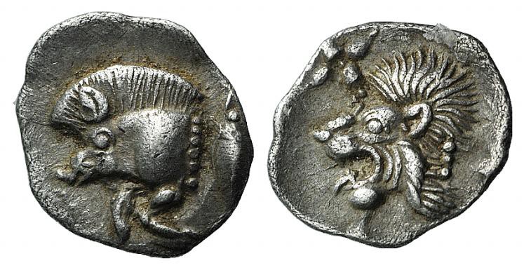 Mysia, Kyzikos, c. 450-400 BC. AR Hemiobol (9mm, 0.39g, 6h). Forepart of boar l....