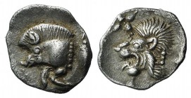 Mysia, Kyzikos, c. 450-400 BC. AR Hemiobol (9mm, 0.39g, 6h). Forepart of boar l.; tunny to r. R/ Head of lion l.; star to l.; all within incuse square...