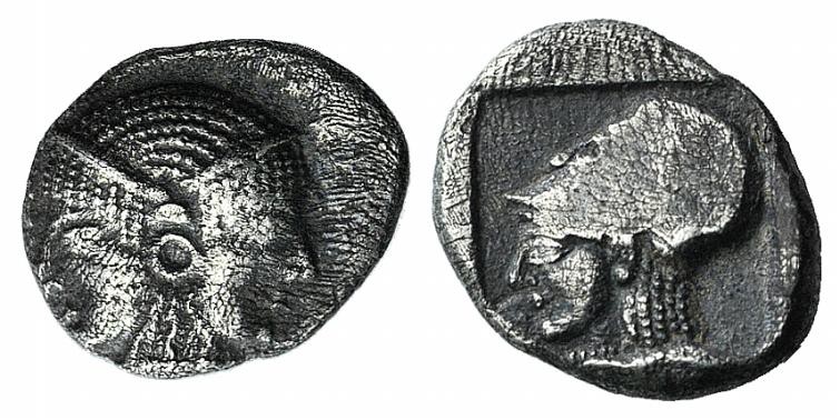 Mysia, Lampsakos, c. 500-450 BC. AR Obol (9mm, 0.77g, 6h). Female janiform head....